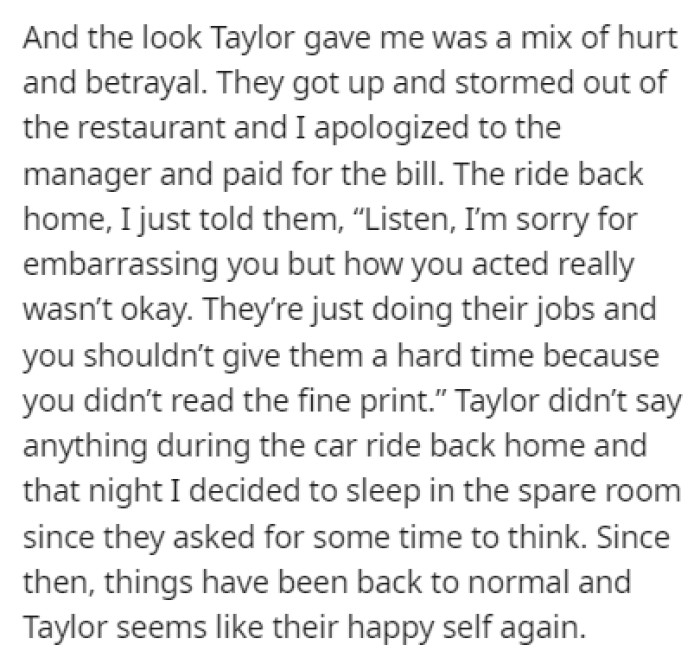 Taylor got into an argument with the manager of the restaurant, and that's when OP told him to stop being ridiculous