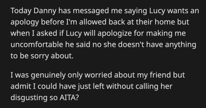 Lucy laughed when OP threatened to leave if she continued to be 