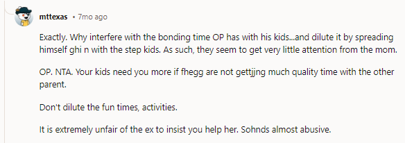 They could also go together somewhere fun on the weekends OP has the kids. Then it’s only four children!