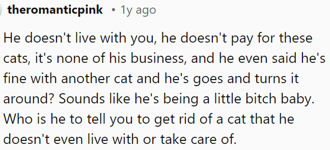 It seems like he's overstepping by telling OP to get rid of a cat he doesn't live with or care for, especially since he previously said he was okay with another cat.