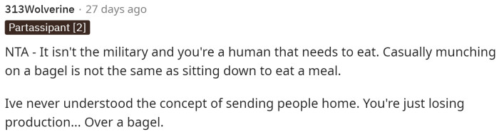 The first comment states that OP is NTA and that this wasn't a serious enough issue for his boss to send him home from work.