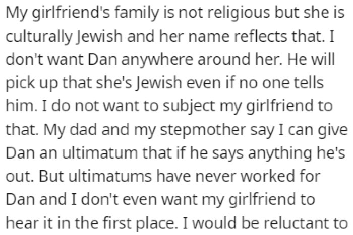 OP is adamant about Dan not meeting his girlfriend, especially because she's Jewish