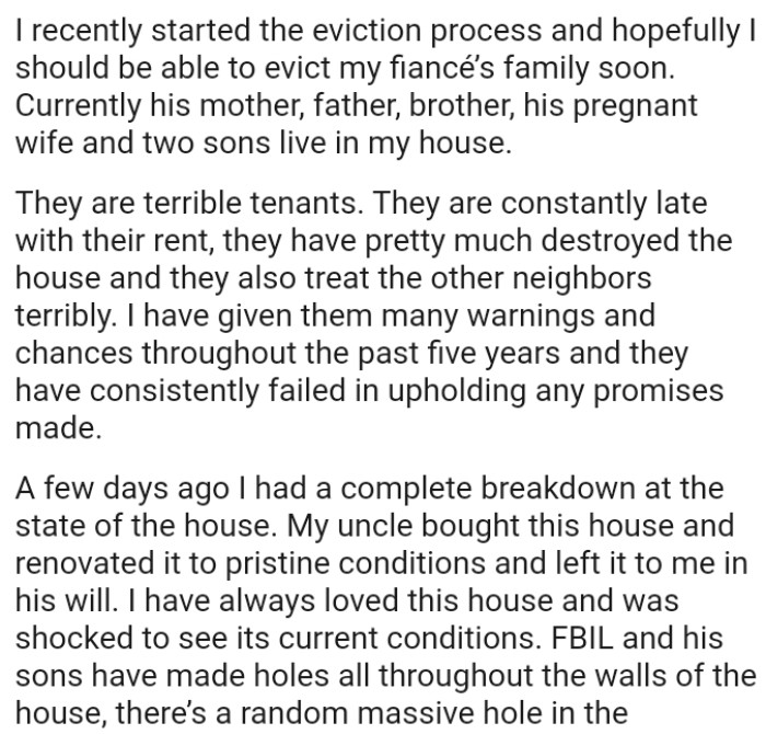 Fiancé's family is constantly late with their rent, and they have nearly destroyed the house.