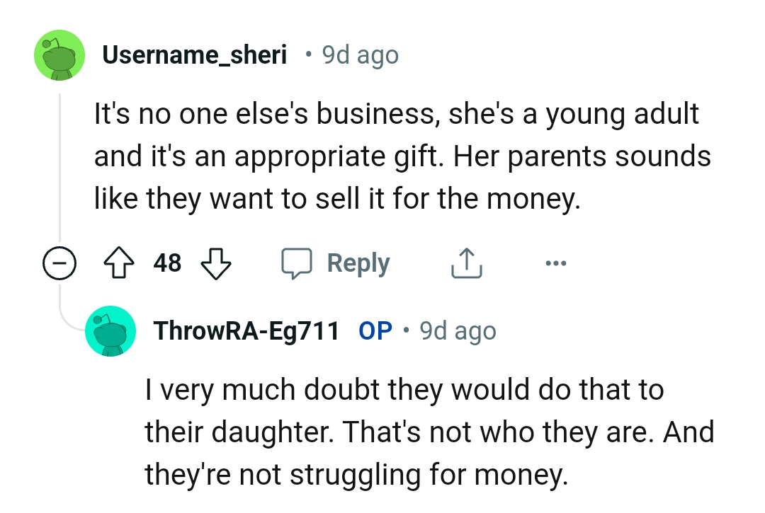 Her parents sound like they want to sell it