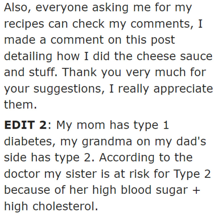 The OP's concern for her sister is evident as she actively listens to the doctor's recommendations and incorporates them into the meals she prepares.