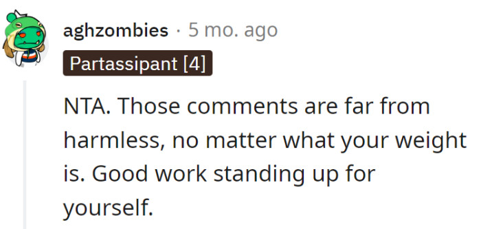 Grandma's comments are like fashion faux pas—harmful no matter the weight. Kudos for turning the runway into a self-respect show!