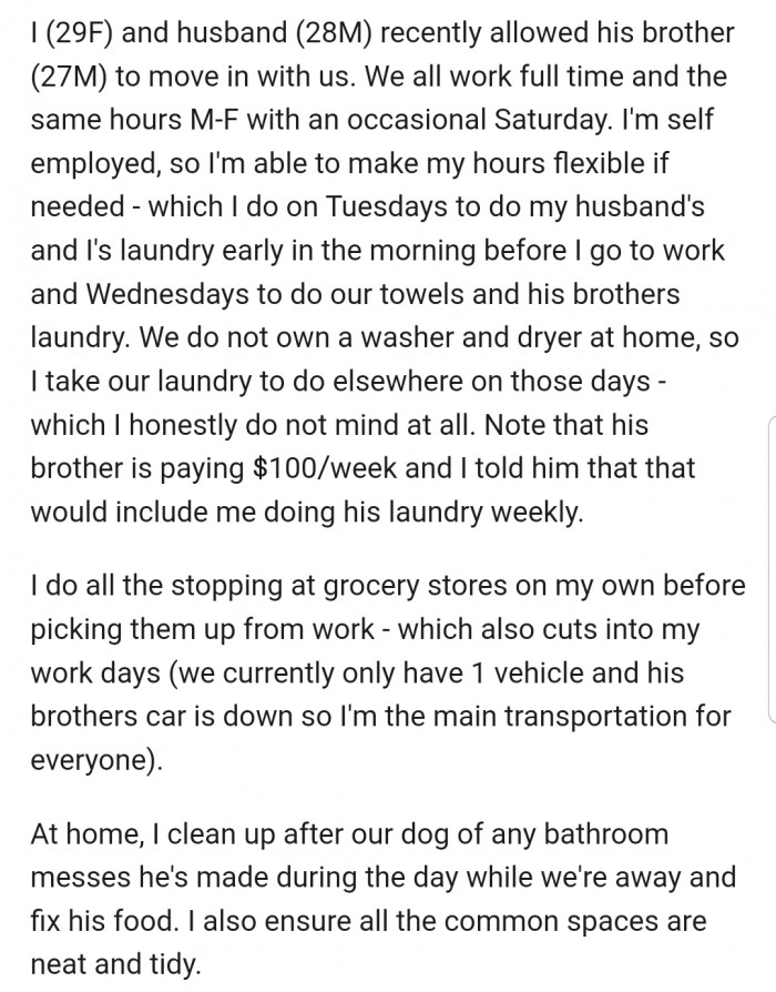 OP decided to handle the major domestic duties in the house, which involved cooking, cleaning, and doing laundry for her husband and BIL