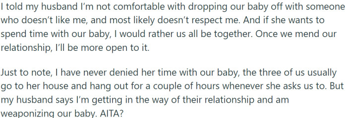 OP Is Uncomfortable Leaving Her Baby with Someone Who Dislikes and Likely Disrespects Her