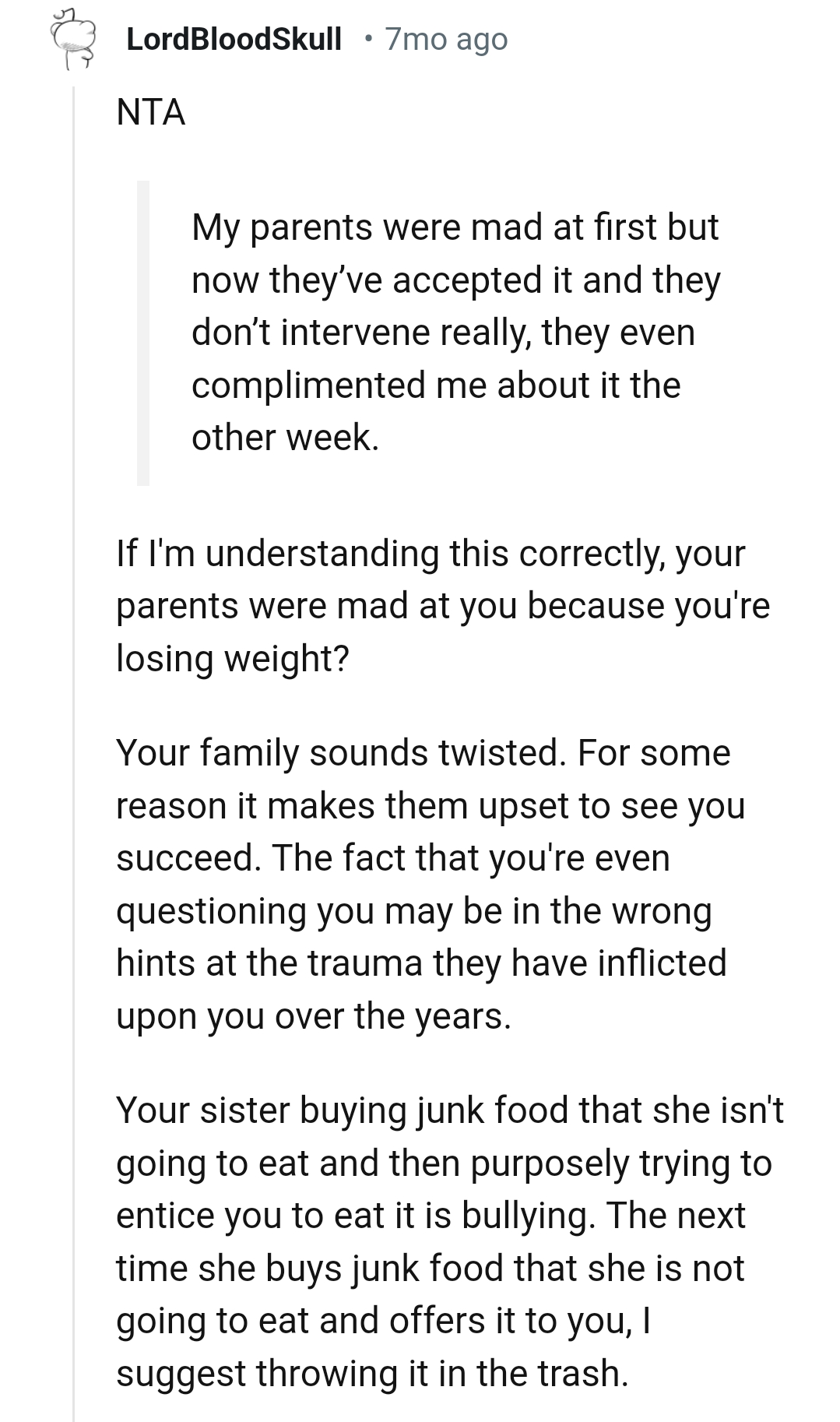 OP's parents got mad because she was losing weight?