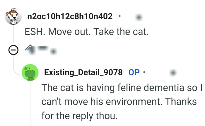The OP explains why she can't move the cat