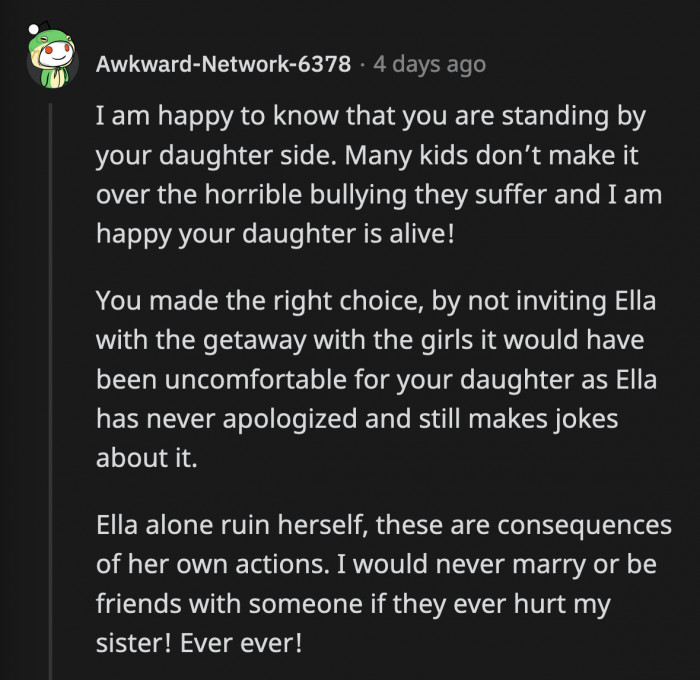 Compared to what she subjected OP's daughter to, Ella got off easy when she didn't get invited to one girl's night