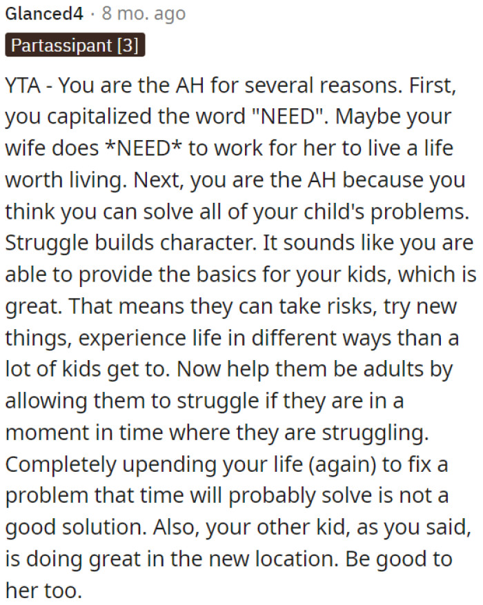 OP can't solve all his children's problems; they need to experience struggle to grow