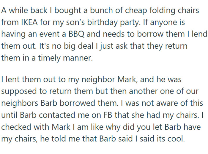 OP has some folding IKEA chairs and often lends them to friends and neighbors