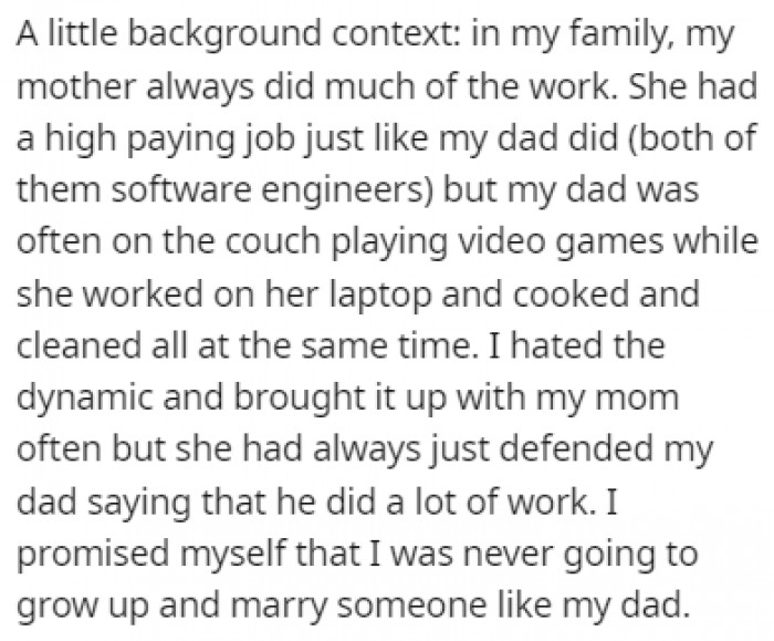 OP's parents were both high earners, but her mom was the one who did the majority of the house chores