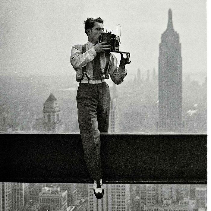 "Remember That Photo Of The Construction Workers Having Lunch On The Unfinished Empire State Building? Well Here's The Photographer Charles Ebbets Taking That Photo 9/20/1932"