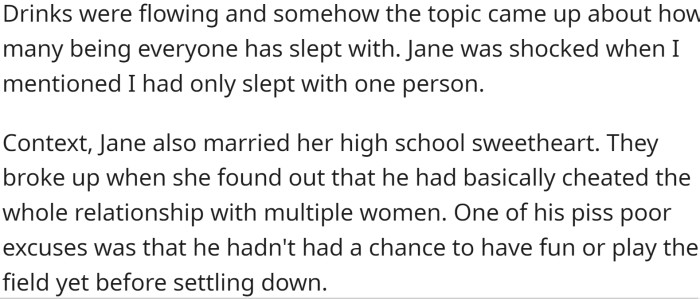 Jane, a friend of one of the guests, was shocked to hear that OP had only been intimate with his wife, whom he had been with since they were 16.