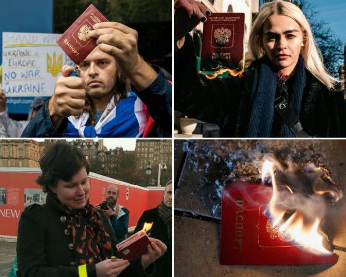 41. Burning their Russian passports as a form of protest against Russia's invasion of Ukraine.