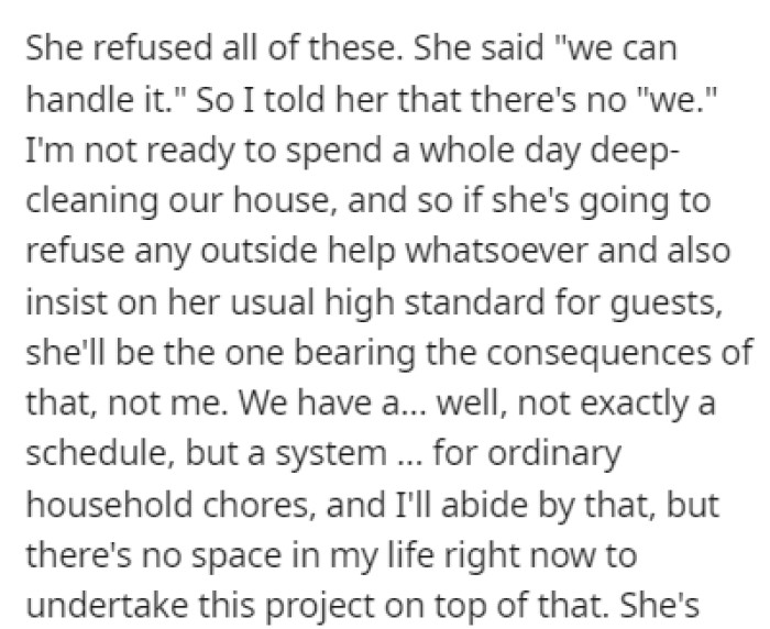 Regardless, the Wife Refused All of Those Proposals, and OP Told Her That He Wouldn't Help Her with Cleaning the House