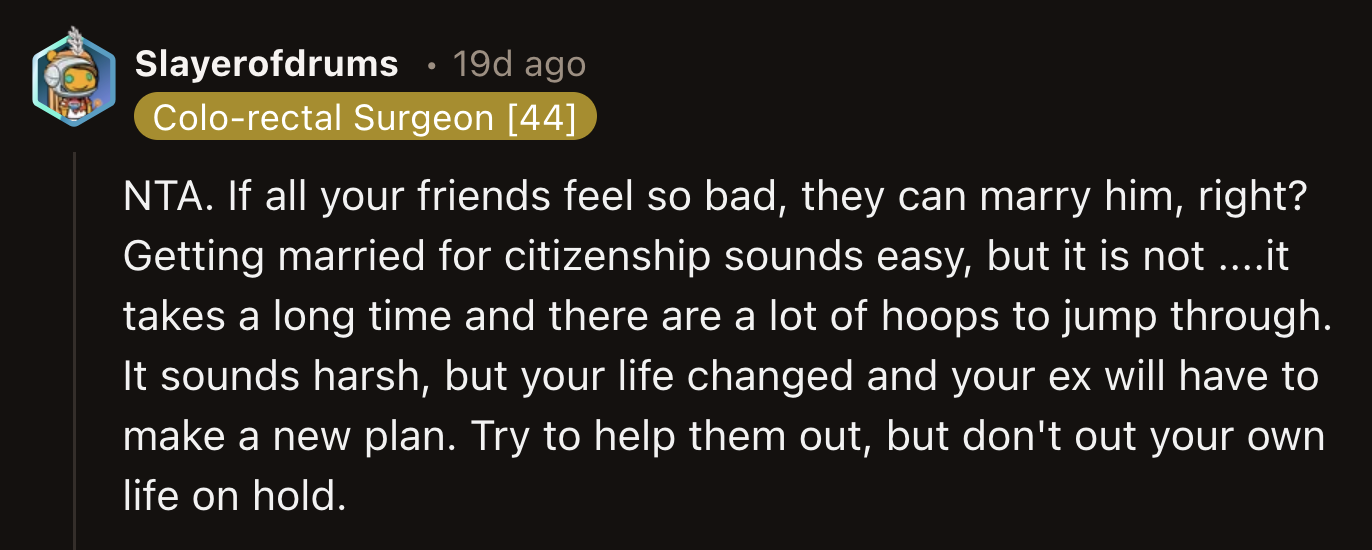 If it's not a big deal, then why aren't their mutual friends fighting over who gets to marry OP's ex?