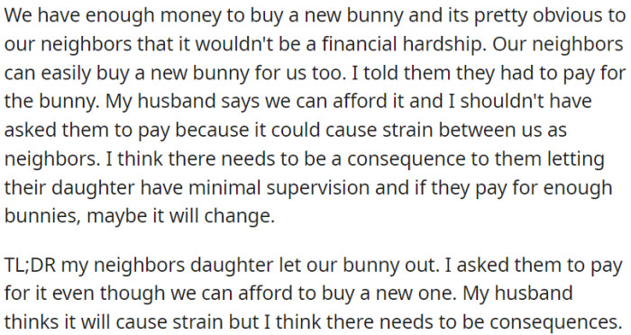 Neighbors' daughter let OP's bunny escape, so OP asked them to pay for a new one, though she can afford it