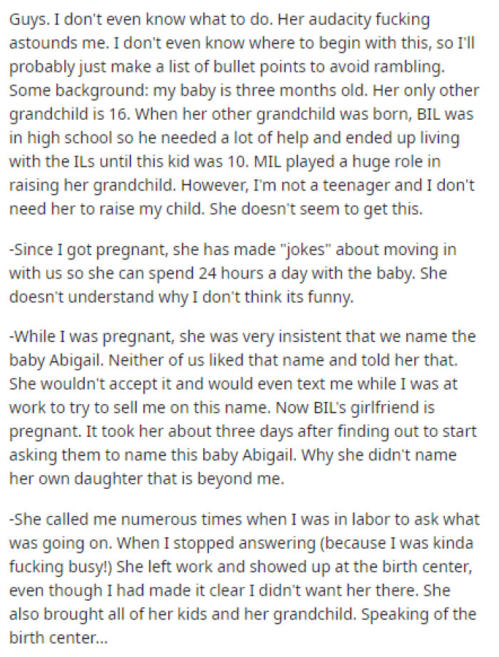 OP's post is pretty long and gives numerous examples of why she doesn't want her MIL to watch her baby and all of the things she does that concern her.