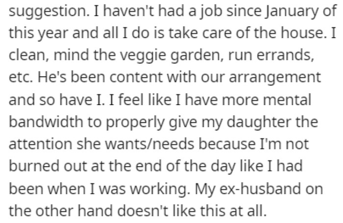 OP's new partner told her that she doesn't have to work, and she took him up on that offer