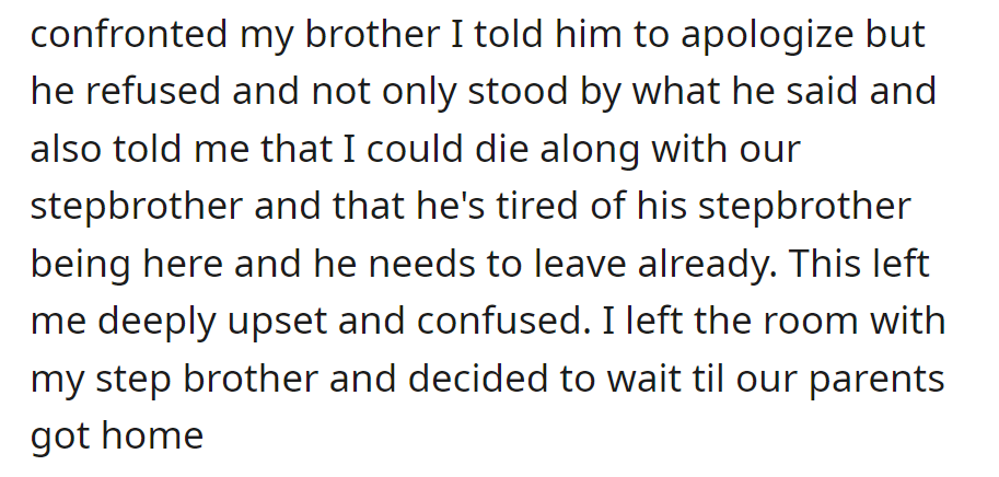 The brother refused to apologize, wished harm on OP and their stepbrother, upsetting OP who left with their stepbrother.