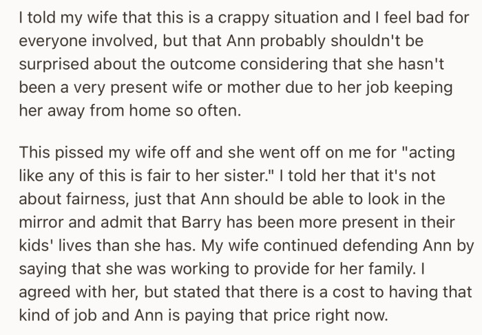 OP and his wife got into an argument after he noted that Barry has been a more present parent than Ann, due to her demanding job