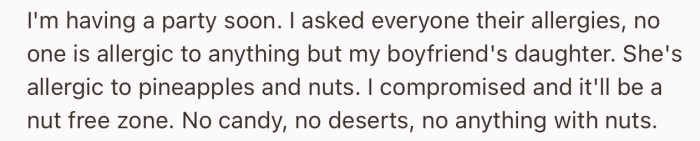 OP made sure to be aware of everyone’s allergies in preparation for their upcoming party