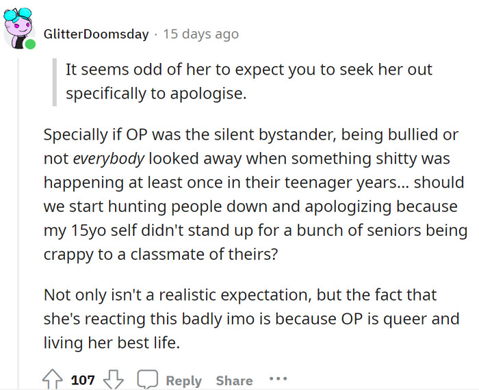Should everyone who became a bystander to bullying be chased down and asked for apologies? “Everybody looked away when something awful was happening.”