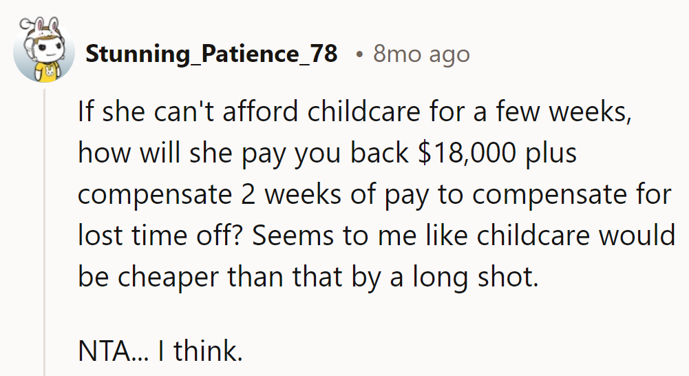 Childcare bill vs. $18k debt? Easy math. NTA... we think.