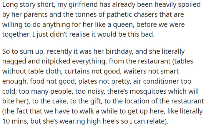 OP, whose girlfriend is used to receiving a lot of attention and care from her parents, showed a very high level of fussiness or selectiveness during her recent birthday party.