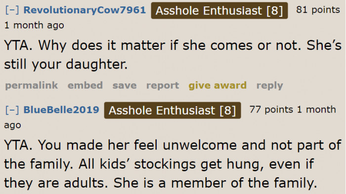 The daughter probably felt like an outsider because she didn't see her stocking.