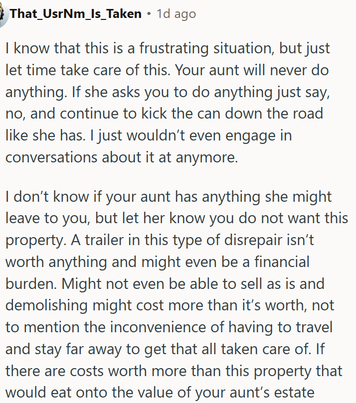 OP's Aunt’s Trailer Isn’t Worth the Trouble.