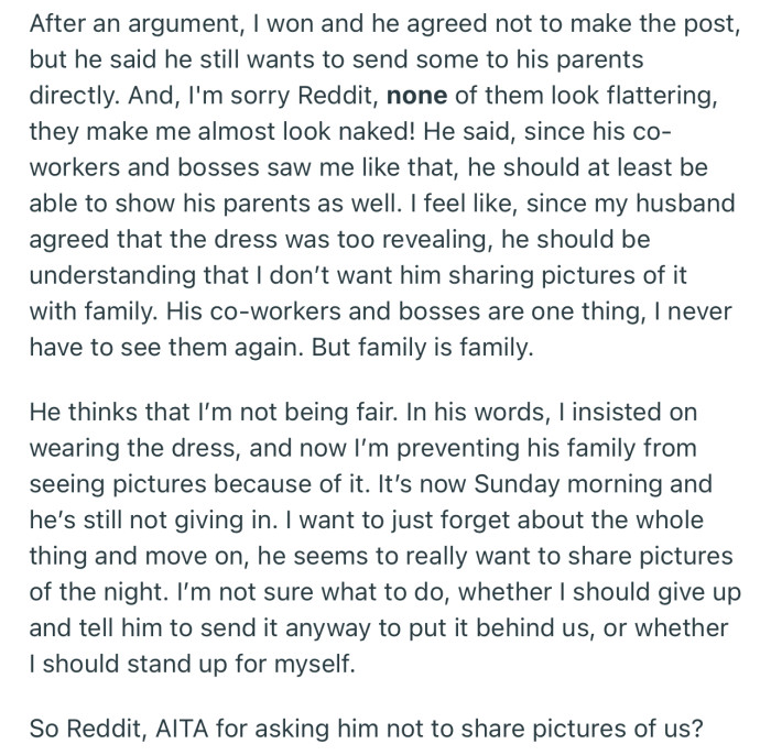 OP’s Husband Might Have Agreed Not to Share the Pictures on Social Media, but He’s Adamant About Sharing with His Family