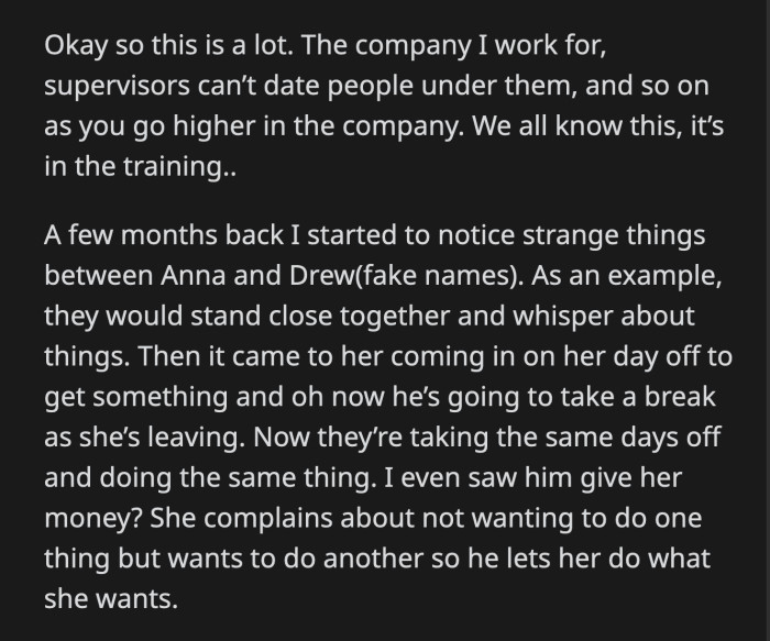 OP found out that Anna's parents didn't know about Drew. The supervisor also prevented Anna from meeting his family.
