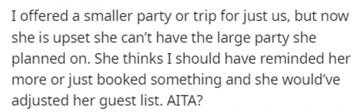OP had to bail on his idea because his wife never gave him the number of guests, so he proposed an alternative that his wife didn't like
