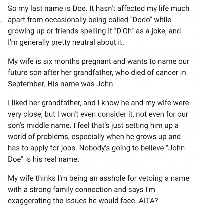 OP is determined to protect his son from future problems that could arise from the name 