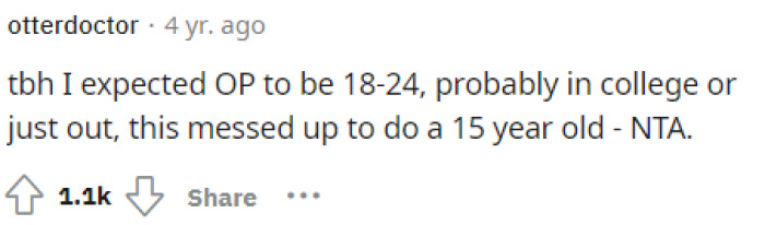 People then started realizing that OP was only 15 years old after they commented this fact to another user. This changed the perspective for a lot of people.