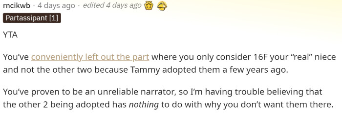 The first comment surprised us all when they said that OP was TA and called them out on what they had said in other comments.