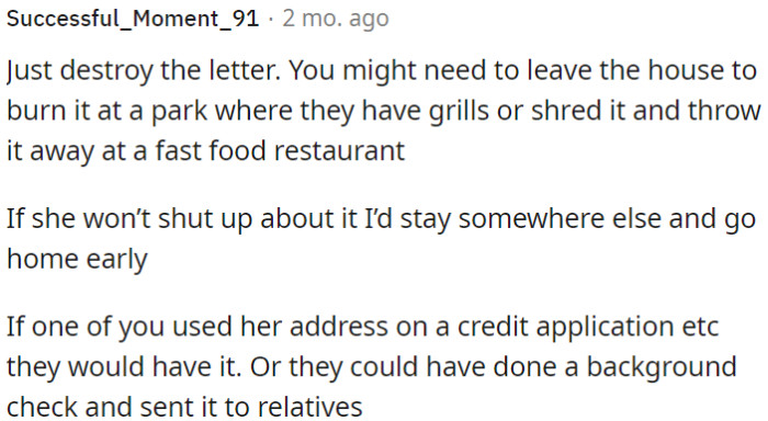 OP needs to discreetly dispose of the letter.