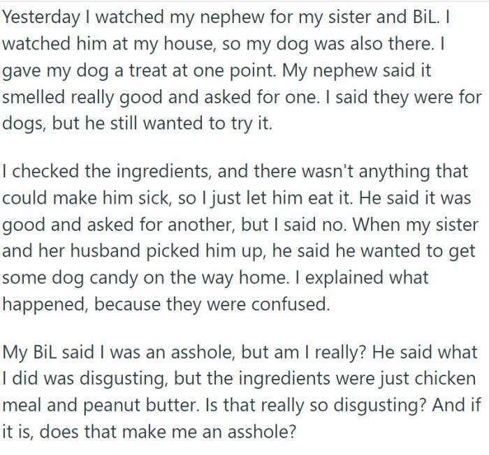 OP was watching their nephew when he expressed interest in trying dog treats. OP read the label and ingredients and gave him one to try. The kid liked it, but the parents were furious.