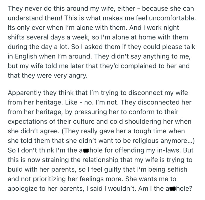 OP asked that her in-laws speak English when she’s around, but this request hasn’t been well received