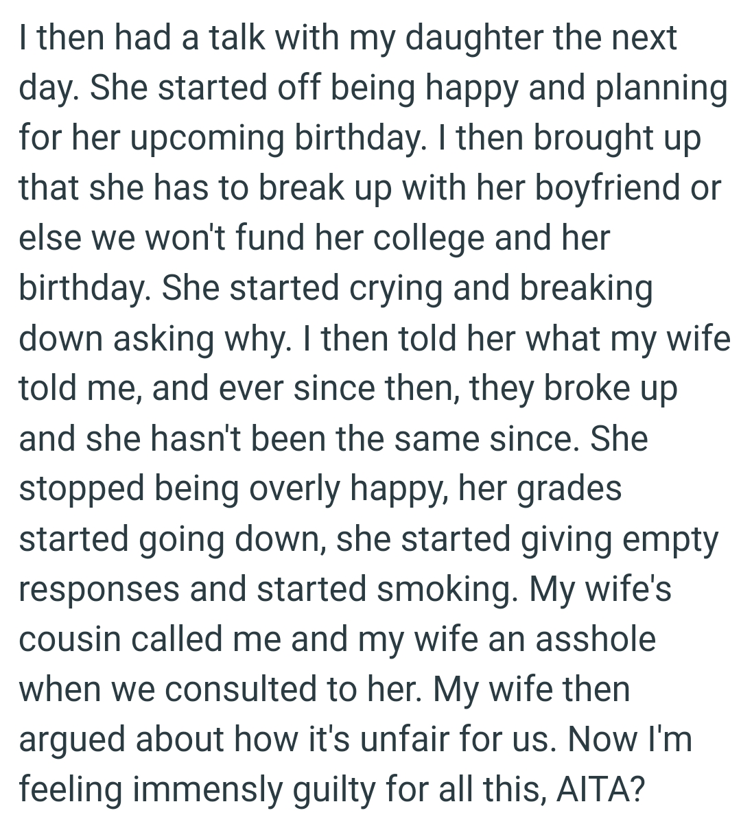 They broke up, and OP's daughter hasn't been the same since