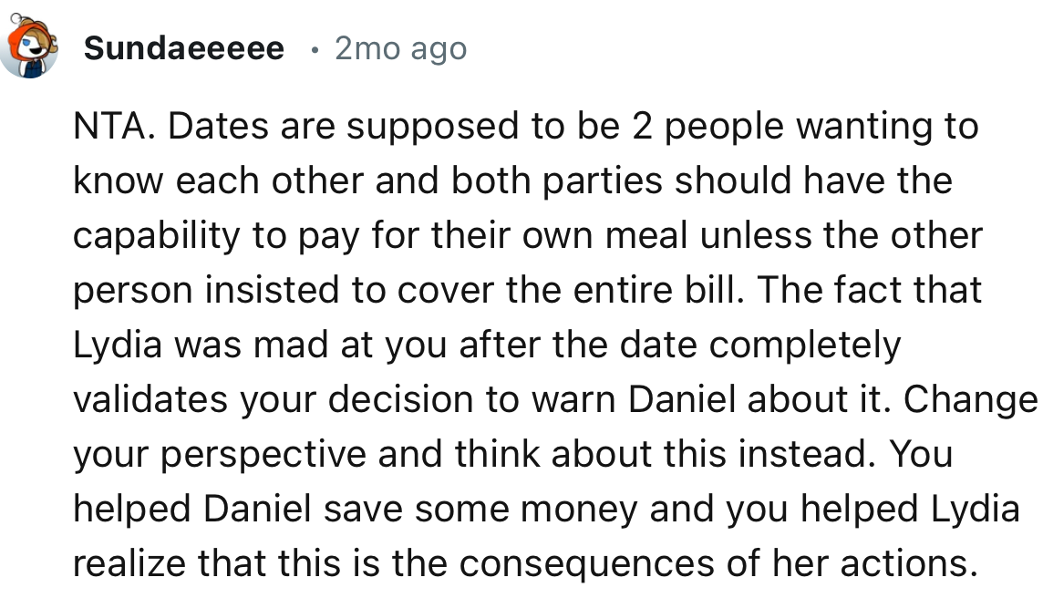 “You helped Daniel save some money and you helped Lydia realize that this is the consequence of her actions.”