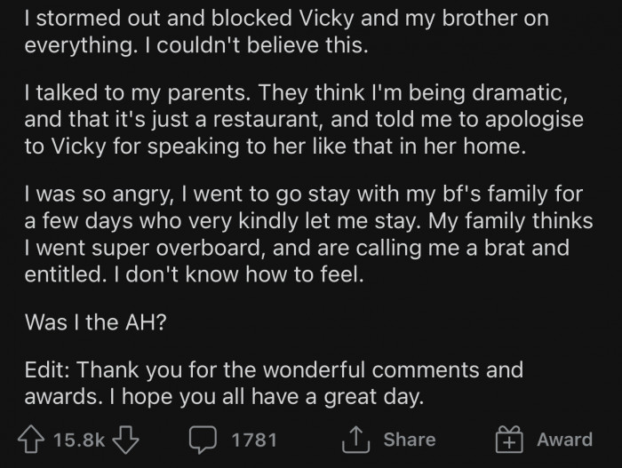 OP stormed out and cut contact with her brother and SIL.