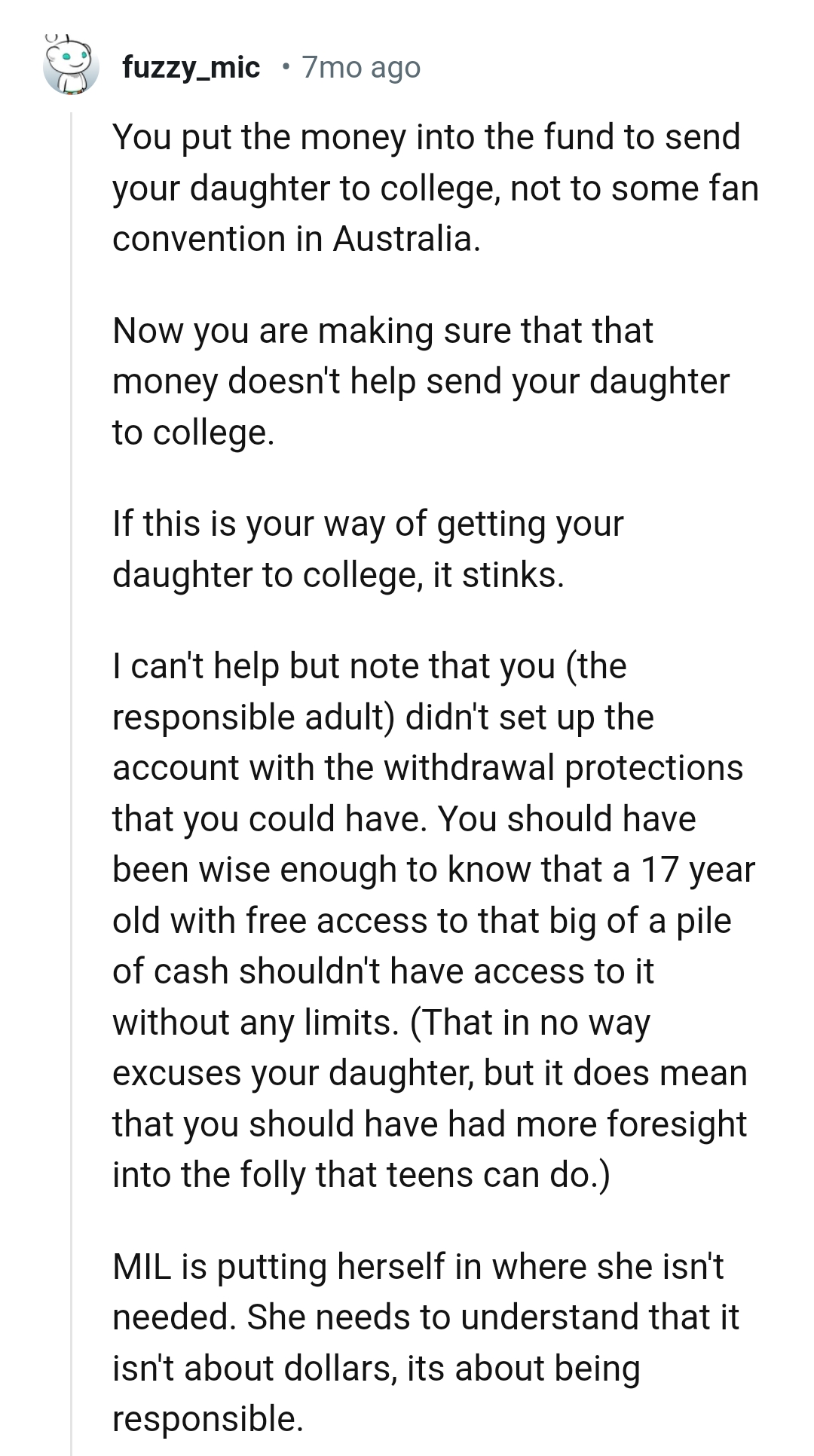 The OP's way of getting her daughter to college