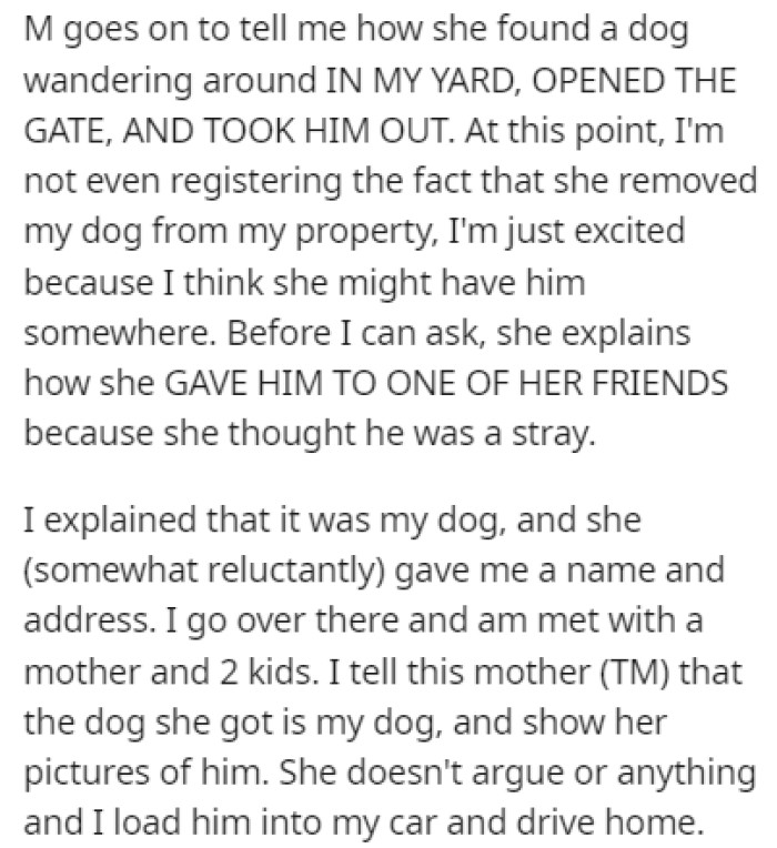 The neighbor explained that she thought the dog was a stray, even though she found him in OP's yard