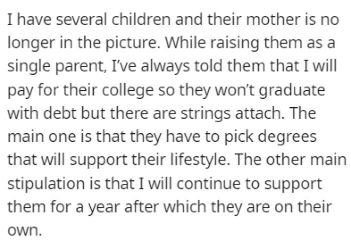 OP has several children, and he's been raising them as a single parent with one promise about their future