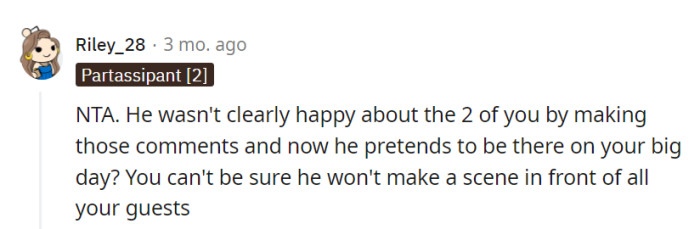 If he wasn't on board with their relationship, having him at the wedding is just inviting trouble, not a guest.